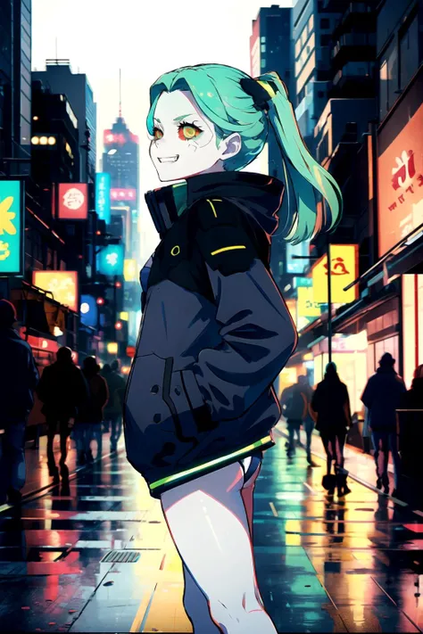 masterpiece, best quality, highres, small figure, rebecca \(cyberpunk\), 1girl, (oversize jacket), mechanical eye, colored sclera, red sclera, leg tattoo, neck tattoo, twintails, green hair, small breasts, colored skin, white skin, thong, hands in pockets, <lora:rebecca_v1:0.9> , point of view, from side, looking into the distance, evil grin