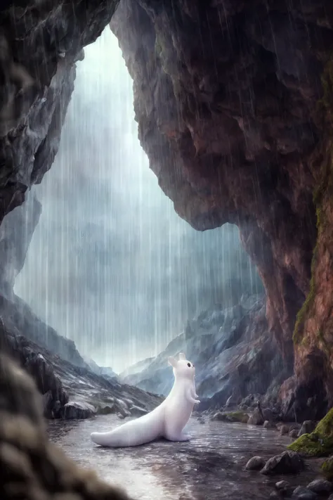 (slugcat:1.2), (tail:1.2), standing, looking at viewer,white body, black eyes,(raining:1.1),character focus, cave <lora:slugcatv1.1:1> , highres,(intricate details:1.2),(perfect details), unity CG 8K wallpaper,