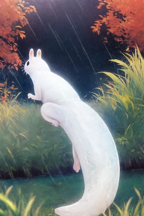 (slugcat:1.2), (tail:1.2), standing, white body, solid eye color,(raining:1.1), grass <lora:slugcatv1.1:1> , highres,(intricate details:1.2),(perfect details), <lora:add_detail:0.5>