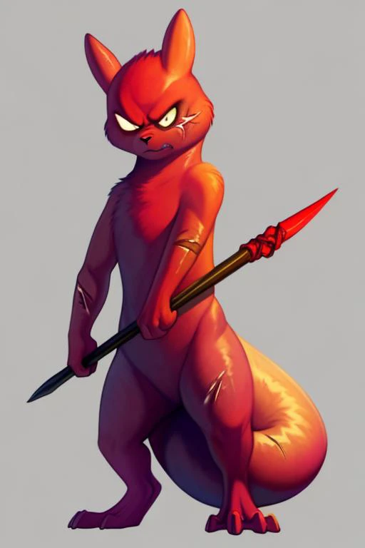 a beautiful and detailed ((slugcat)), ((tail)), honovy hioshiru foxovh, standing, looking at viewer,red body, ((white eyes)),solo, black spear,holding spear, weapon,simple background,(body scars),angry, eye scar
<lora:slugcatv1.1:1>