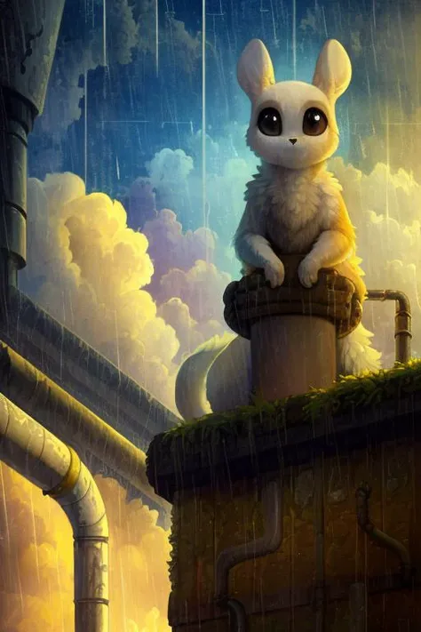 a beautiful and detailed ((slugcat)), ((tail)), honovy hioshiru foxovh, standing, looking at viewer,white body, black eyes,pipe,silo, (raining),outside,((clouds)),overcast,character focus,looking at viwer
<lora:slugcatv1.1:1>