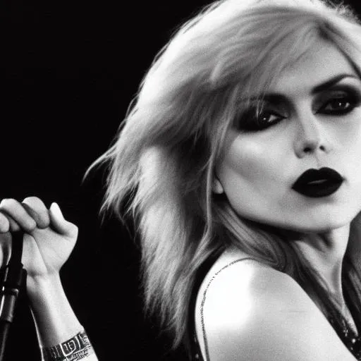 debbie_harry on stage holding a microphone and dancing