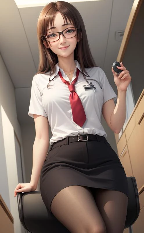 (drooping eyes, looking away), angle from below, (clerk uniform, ID card, at the department store), customers, a little fat, eyes realistic sizing, open mouth, (selfie inside her skirt herself while peeing), (crouching, place her smartphone is in front of her moisty panties), spread the most wide her legs, touching her crotch with hand,
