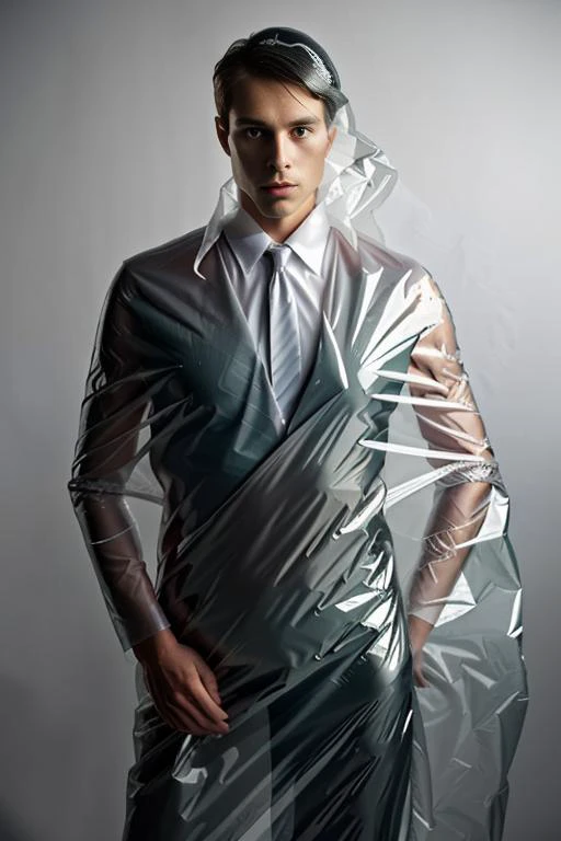 foil covered, man, business suit,
<lora:CoveredWithStuff:1>