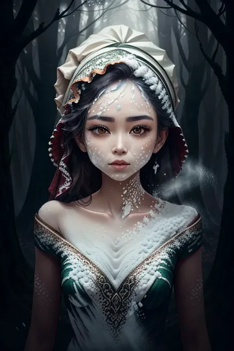 woman with a perfect face, in a mythical forest, masterpiece, intricate details, raw photo, photo unp <lora:CoveredWithStuff:1> flour covered, mist covered,