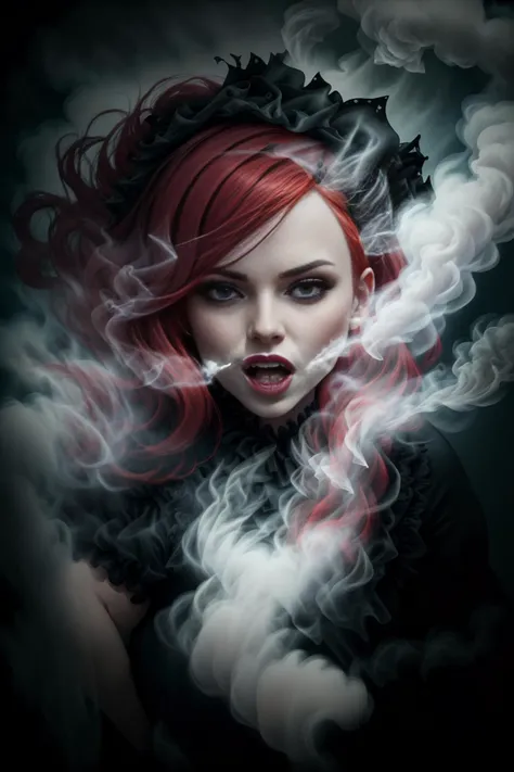 cartoon, mist covered, woman, black dress, red hair, face, close-up, hard light, fangs, open mouth, emerging from the smoke,
<lora:CoveredWithStuff:1>, intricate details, hyperdetailed, cinematic, realistic, masterpiece