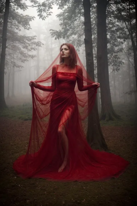 woman, red dress,  forest, nature, trees,<lora:CoveredWithStuff:0.8> net covered, mist covered