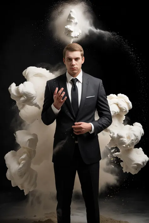 man, business suit, dark background, flour covered, flour dust,
 <lora:CoveredWithStuff:0.6>