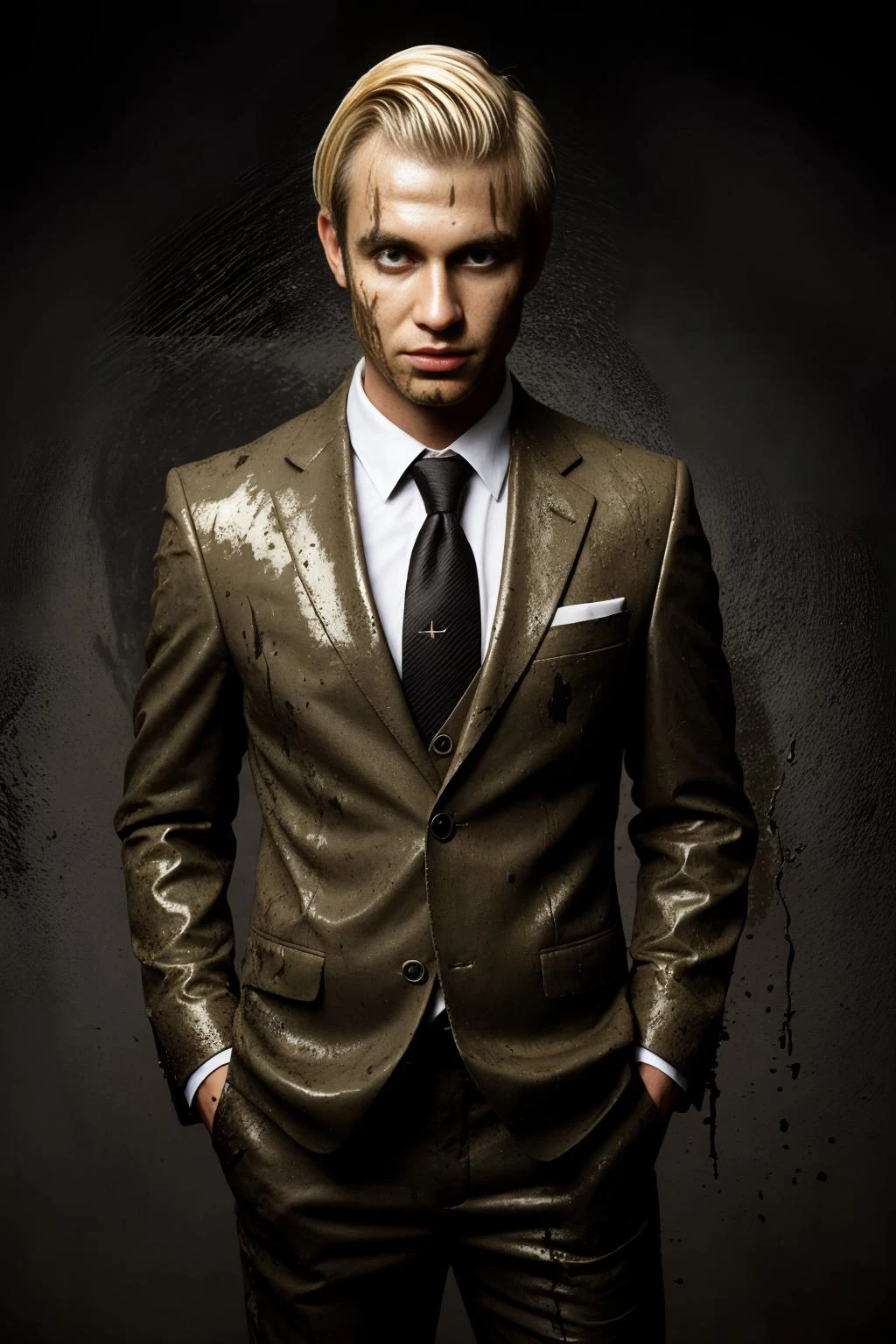man, business suit, dark background, mud covered, blonde hair, upper body,
<lora:CoveredWithStuff:0.6>