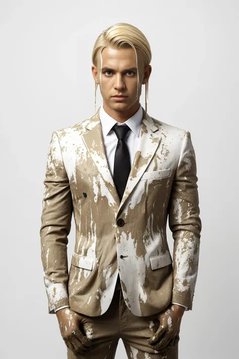 man, business suit, white background, mud covered, blonde hair, upper body,
 <lora:CoveredWithStuff:0.8>