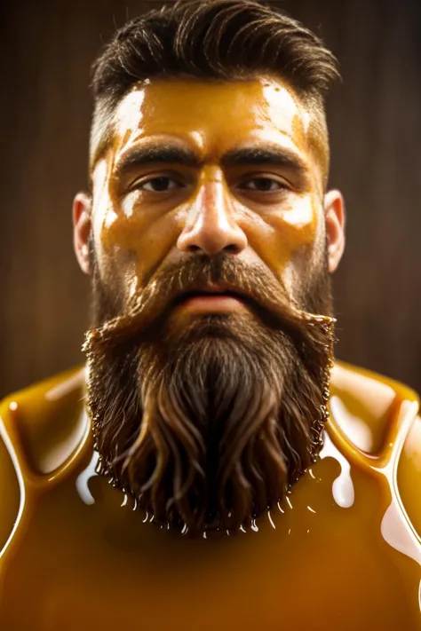 man, beard, face, honey covered
 <lora:CoveredWithStuff:0.7>