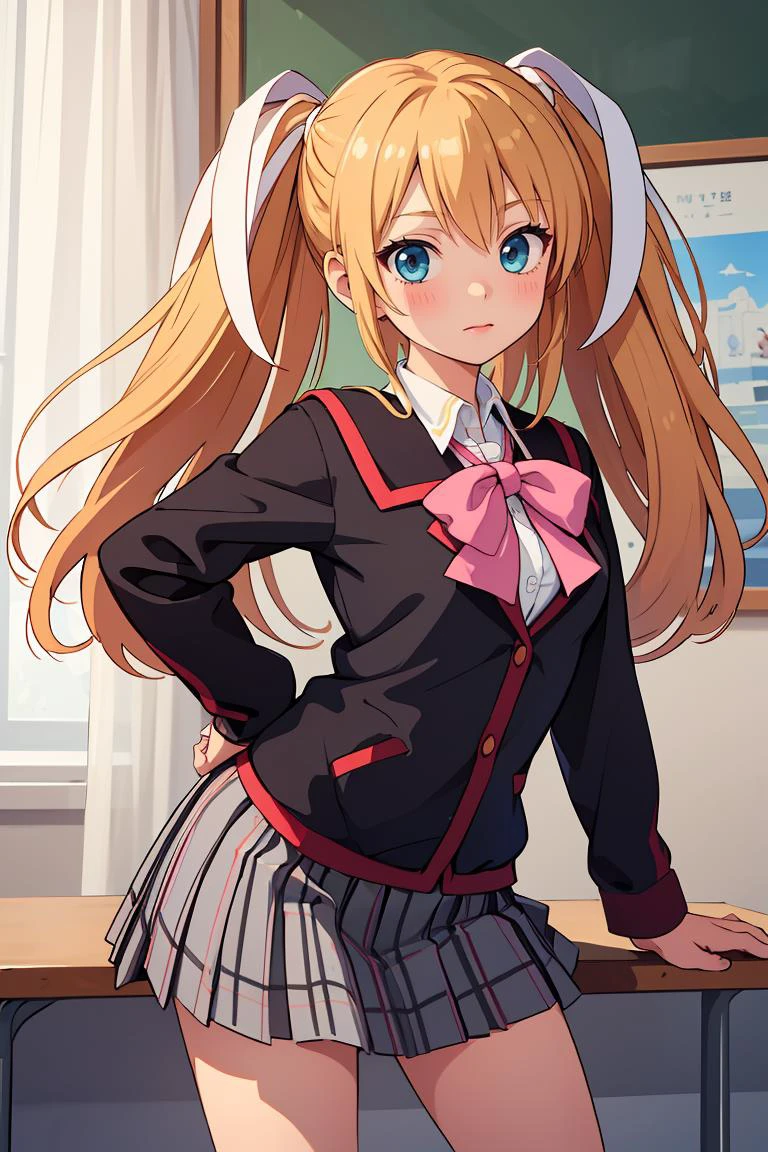 (masterpiece, best quality), 1girl, <lora:littlebusters_tokido:0.8> tokido saya, twintails, hair ribbon, school uniform, jacket, pink bow, plaid skirt