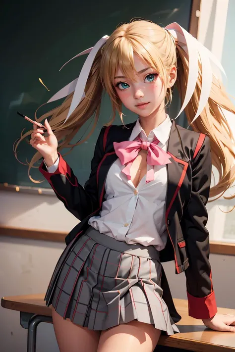 (masterpiece, best quality), 1girl, <lora:littlebusters_tokido:0.8> tokido saya, twintails, hair ribbon, school uniform, jacket, pink bow, plaid skirt