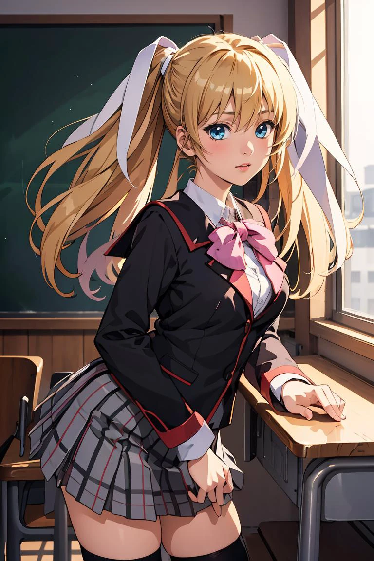 (masterpiece, best quality), 1girl, <lora:littlebusters_tokido:0.8> tokido saya, twintails, hair ribbon, school uniform, jacket, pink bow, plaid skirt