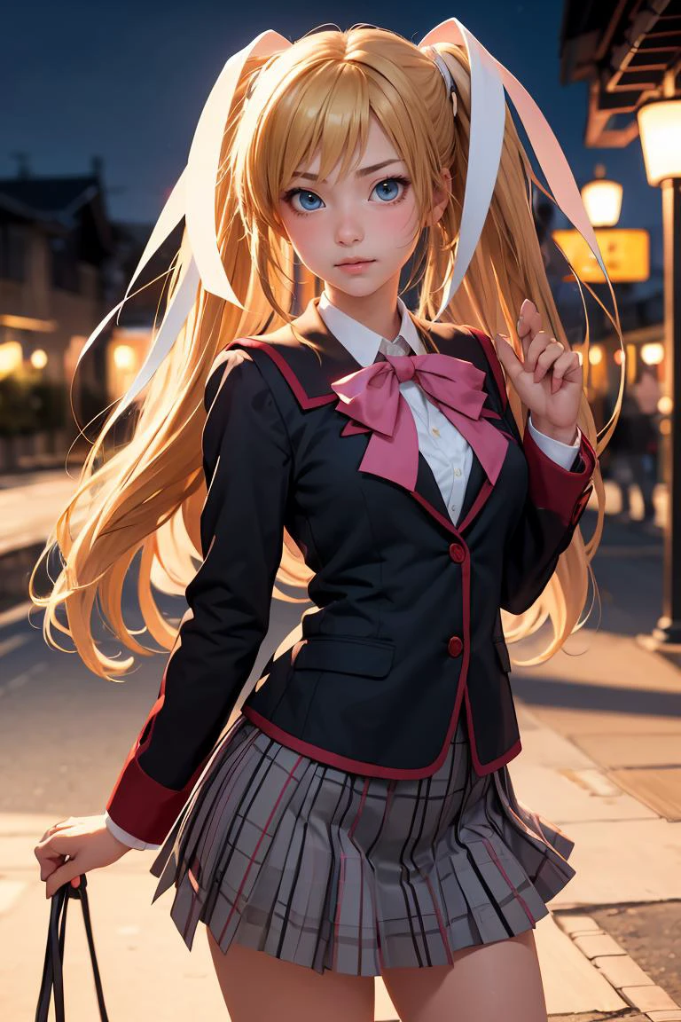 (masterpiece, best quality), 1girl, <lora:littlebusters_tokido:0.8> tokido saya, twintails, hair ribbon, school uniform, jacket, pink bow, plaid skirt