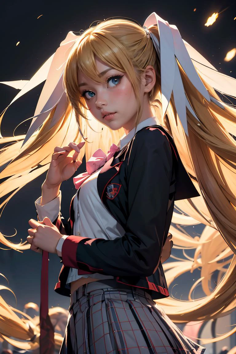 (masterpiece, best quality), 1girl, <lora:littlebusters_tokido:0.8> tokido saya, twintails, hair ribbon, school uniform, jacket, pink bow, plaid skirt