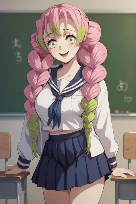 score_9, score_8_up, score_7_up, score_6_up, score_5_up, score_4_up, BREAK source_anime, 1girl, solo,
<lora:MitsuriXL-v1-05:0.8>, ChopioMitsuri, long hair, pink hair, green hair, twin braids, multicolored hair, green eyes, eyelashes, mole under eye, (looking at viewer:1.1),
large breasts,
white serafuku, blue sailor collar, white shirt, blue neckerchief, blue skirt, pleated skirt,
classroom, desk, chalkboard, standing, smile, seductive pose, open mouth,