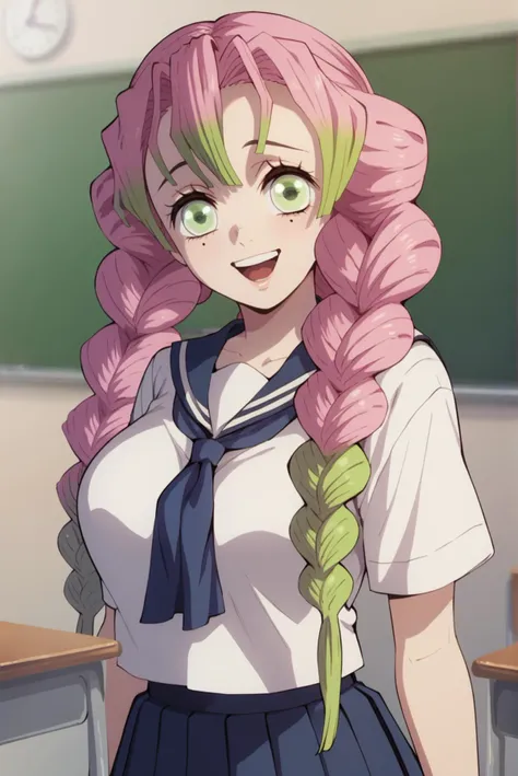 score_9, score_8_up, score_7_up, score_6_up, score_5_up, score_4_up, BREAK source_anime, 1girl, solo,
<lora:MitsuriXL-v1-05:0.8>, ChopioMitsuri, long hair, pink hair, green hair, twin braids, multicolored hair, green eyes, eyelashes, mole under eye, (looking at viewer:1.1),
large breasts,
white serafuku, blue sailor collar, white shirt, blue neckerchief, blue skirt, pleated skirt,
classroom, desk, chalkboard, standing, smile, seductive pose, open mouth,