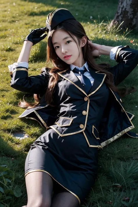 ultra-detailed,highly detailed,best quality,masterpiece,illustration, cf yemeigui, 1girl, solo, cosplay, military uniform, long legs, light smile, gloves, garrison cap, necktie, pencil skirt, jacket,alternate costume,torn pantyhose, dynamic pose, looking at viewer, outdoors, nature, lying on a grassland, <lora:cf yemeigui_20231029022537:0.7>