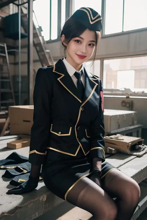 ultra-detailed,highly detailed,best quality,masterpiece,illustration,
cf yemeigui, 1girl, solo, cosplay, military uniform, long legs, light smile,
gloves, garrison cap, necktie, pencil skirt, jacket,alternate costume,torn pantyhose,
dynamic pose, looking at viewer, ruins, factory, sitting,
<lora:cf yemeigui_v1_03:0.8>