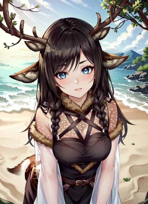 ((best quality)), ((highly detailed)), masterpiece, detailed face, beautiful face, (detailed eyes, deep eyes), (1girl), fisheye lense, cowboy shot, <lora:pentagram_harness:1>, pentagram_harness, -((deer girl)), deer ears, deer tail, <lora:deerantlers-12:1>, dearantlers, large deer antlers, fur coat, (at a beach)