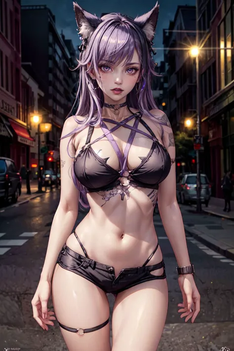 ((best quality)), ((highly detailed)), masterpiece, ((official art)), detailed face, beautiful face, (detailed eyes, deep eyes),(cowboy shot:1.1),juviagmg, blue hair, (lips), looking at viewer, upset (RockOfSuccubus),middle finger, large breasts, navel,(purple), cleavage, midriff, belt, pants, (tattoo:1.1), pubic tattoo,makeup, (colored skin:1.3), (black lips:1.3),(lipstick), (pale skin:1.5), cross-laced clothes, (spiked bracelet), necklace, bustier,scenary, city, outdoors, (rain:1.2), (water drop:1.2), night, sky, moon,intricately detailed, hyperdetailed, blurry background,depth of field, best quality, masterpiece, intricate details, tonemapping, sharp focus, hyper detailed, trending on Artstation,1 girl, high res, official art, ((arms behind back))