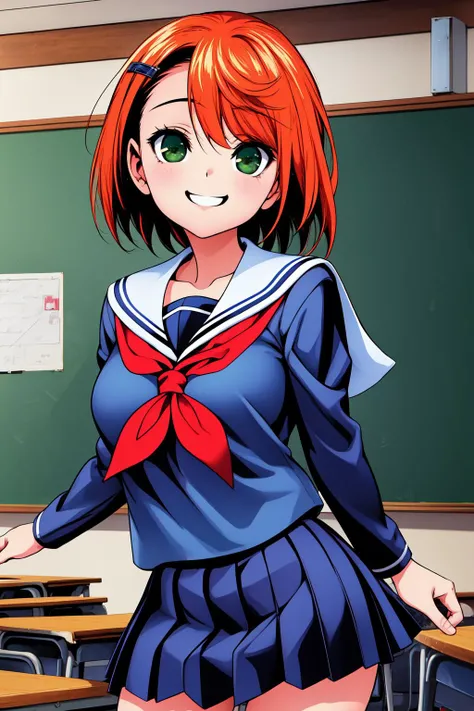 1girl, cowboy shot, smile, classroom, clo
yuragisou_chisaki, green eyes, orange hair, short hair, hair ornament, hairclip, school uniform, blue serafuku, (blue shirt:1.2), long sleeves, (white sailor collar:1.4), pleated skirt, (blue skirt:1.2), <lora:yuragisou_chisaki_lora_ver2:0.7>, best quality, masterpiece, highres, <lora:GoodHands-vanilla:1>