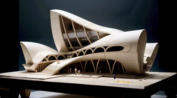 Zaha Hadid's buildings are sculptural masterpieces with their bold,organic forms. Its faade is curved to create a dynamic and futuristic appearance. The exterior of the building is characterized by smooth lines and asymmetric shapes,showing Zaha Hadid's avant-garde design language,building model,on the table,panorama,Cinematic Lighting,<lora:JZMX_20230823200909-000017:0.8>,