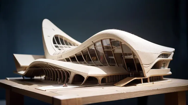 Zaha Hadid's buildings are sculptural masterpieces with their bold,organic forms. Its faade is curved to create a dynamic and futuristic appearance. The exterior of the building is characterized by smooth lines and asymmetric shapes,showing Zaha Hadid's avant-garde design language,building model,on the table,panorama,Cinematic Lighting,<lora:JZMX_20230823200909-000017:0.8>,