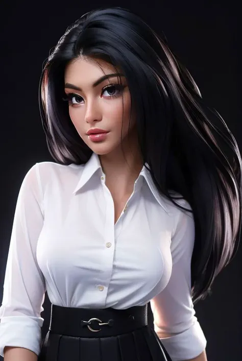 (masterpiece:1.3), (best quality:1.2), intricate details, (highly detailed skin:1.2),realistic, highres, beauty photo,
fay3,
(1girl:1.2),
large breasts,
tear drop boobs, from above,
cool mood,
(wearing white shirt and black skirt:1.3),
long hair ,
(black haircolor:1.3),
Hourglass-Petite body shape,
fill lighting,
looking at viewer,
(tilted head:1.4), (sexy pose:1.3),
black background,
<lora:heather_vahn:0.8>