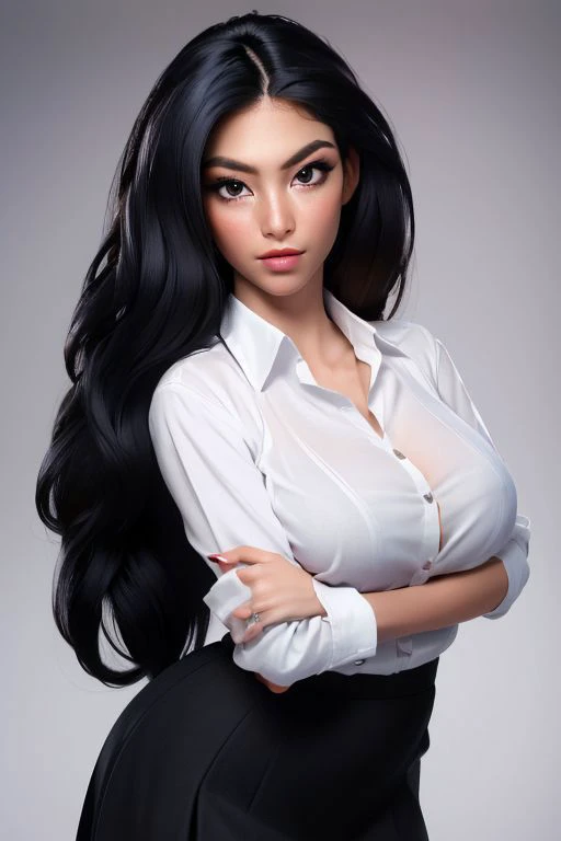 (masterpiece:1.3), (best quality:1.2), intricate details, (highly detailed skin:1.2),realistic, highres, beauty photo,
fay3,
(1girl:1.2),
large breasts,
tear drop boobs, from above,
cool mood,
(wearing white shirt and black skirt:1.3),
long hair ,
(black haircolor:1.3),
Hourglass-Petite body shape,
fill lighting,
(tilted head:1.4), (sexy pose:1.3),
<lora:heather_vahn:0.8>