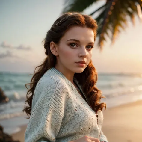 <lora:Dorothy Gale:0.7> dory,, beautiful girl wearing an unzipped sweater, open sweater, glamourous hair, depth of field, bokeh, morning tropical beach (masterpiece) (best quality) (detailed) (8k) (wallpaper) (cinematic lighting) (sharp focus) (intricate),