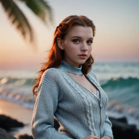 <lora:Dorothy Gale:0.7> dory,, beautiful girl wearing an unzipped sweater, open sweater, glamourous hair, depth of field, bokeh, morning tropical beach (masterpiece) (best quality) (detailed) (8k) (wallpaper) (cinematic lighting) (sharp focus) (intricate),