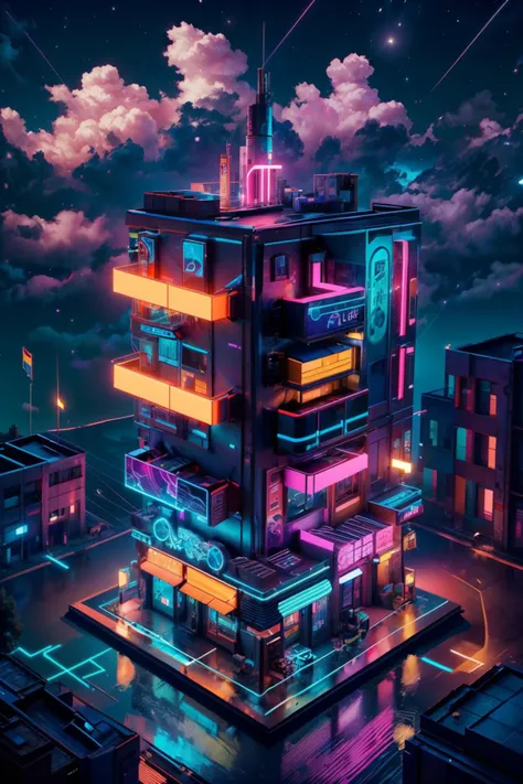 (ultra realistic,32k, masterpiece:1.2),(high detailed:1.1),( high quality:1.1), BREAK, <lora:IsometricNeon:0.8>,   from above,   IsometricNeon, outdoors, sky, cloud, no humans, night, building, night sky, scenery, platform, BREAK,  blooming stars, luminescent, otherworldly fragrance blurry background, (<lora:add_detail:0.92>, (glowwave:1.1),