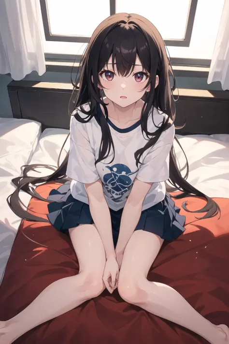 1girl, casual clothes, t-shirt, pleated skirt, twintails, long hair, short sleeves, knees together feet apart, room, sitting on floor, against wall, facing viewer, hands on own knees, from above, bare foot