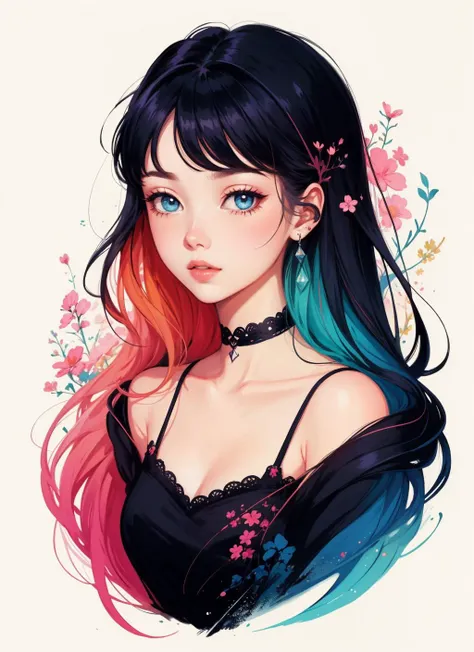 cute aesthetic illustration, stylized digital art, young woman, abstract and colorful paint style