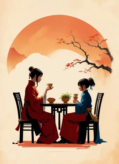 ancient china mythology, traditional style, greg rutkowski, bashful queen, isekai fantasy, wuxia genre, sitting at a table, (highly stylized artstyle), landscape