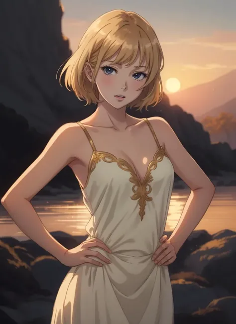 anime screencap, young woman, sexy dress, hands on hips, bashful, (half-closed eyes:0.8), looking at viewer, seductive smile, (playful artwork, cinematic, golden hour, atmospheric perspective)