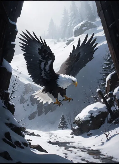 snow eagle, small fluffy animal, (painterly, cinematic, atmospheric perspective)