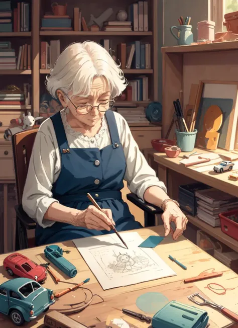 cute aesthetic illustration, flat anime, stylized digital art, (old woman crafting a toy car, workshop, sitting, focused), colorful style