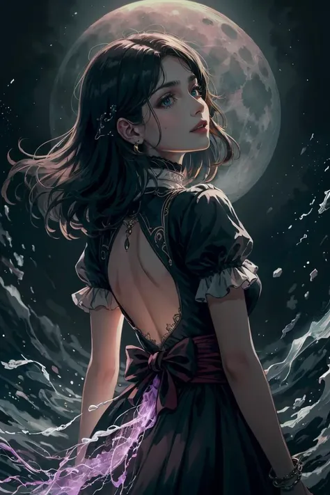 best quality, masterpiece, 1 girl, adult (elven:0.7) woman, dark brown eyes, dark brown straight hair, ombre, focus on character, solo, (style-swirlmagic:0.8), solo, 5%from back, back view, (full body:0.8), looking up, detailed face, <lora:PastTech:0.6>, synthetic, plasttech theme, moon inventor, 40%(glowing eyes:1.0), (prideful self-assurance,:1.05), crossing arms confidently, 3%tattered doublet, sash, amethyst amulet of fire surrounded by incandescent forces, reactive nano-materials responding to the environment, dark brown color scheme, 7%(simple gray background:1.0),