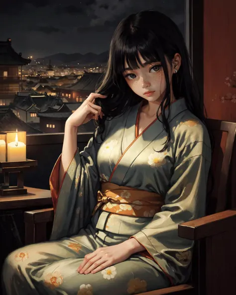 [(black background, :1.4)::1]oil painting, young woman with freckles, sitting on a soft chair in a dim living room, shy pouting, shy posture, hand in hair, (night), [candle light:0.3], kimono pajama, townscape, [depth of field, soft fabric:0.5], ancient china theme, black hair