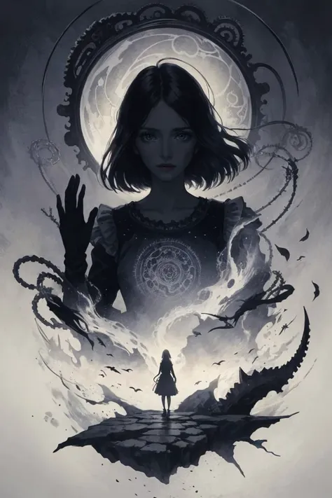 middle aged woman, (style-swirlmagic:0.8), solo, upper body, looking away, detailed background, detailed face, (victorian theme:1.1), false confidence, investigator of the unknown, tattered adventuring gear, gloves, dark color scheme, ancient apocalyptic prophecy,,psychological struggle, antique glyphs, shadowy tendrils in background, low light, early 20th century mysterious Lovecraftian atmosphere,