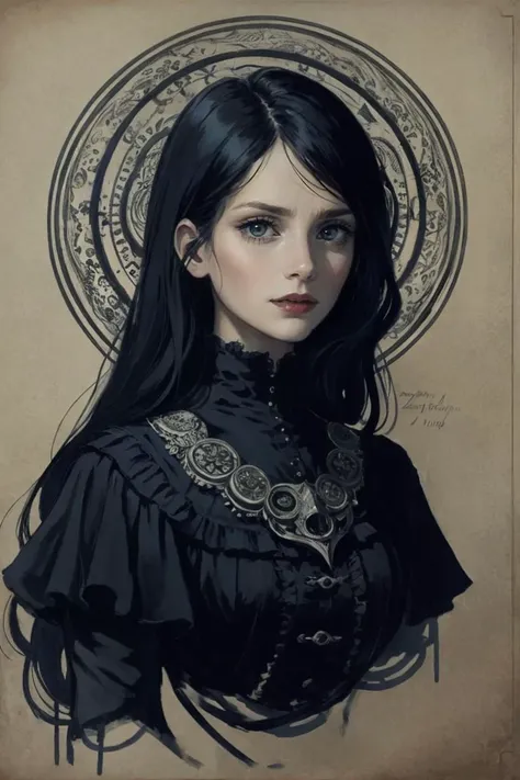 middle aged woman, (style-swirlmagic:0.8), solo, upper body, looking away, detailed background, detailed face, (victorian theme:1.1), false confidence, investigator of the unknown, tattered adventuring gear, gloves, dark color scheme, ancient apocalyptic prophecy,,psychological struggle, antique glyphs, shadowy tendrils in background, low light, early 20th century mysterious Lovecraftian atmosphere,
