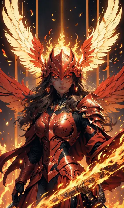 1girl,solo,jewelry, earrings, helmet, holding weapon, holding sword, upper body, from below, flying,
,gold and crimson, golden helmet, golden deity behind her ,Petals drift around her, glowing crimson eyes,medieval knight armor, majestic attire, cinematic  light,,majestic
 <lora:Painted_poster_V1-000035_1_pp:0.5> Painted poster, 1girl, image border, poster <lora:winged helmet_20231207141242:0.5> winged helmet <lora:glowwave_20231222012613:0.25> glowwave <lora:wrenchsmechs:0.5> wrenchsmechs, glowing, <your_color> mecha, halo, mechanical wings, long hair<lora:EF-GoodHands-beta2:0.5><lora:EF-GoodHands-beta2:0.5><lora:EF-GoodHands-beta2:0.5><lora:EF-GoodHands-beta2:0.5>