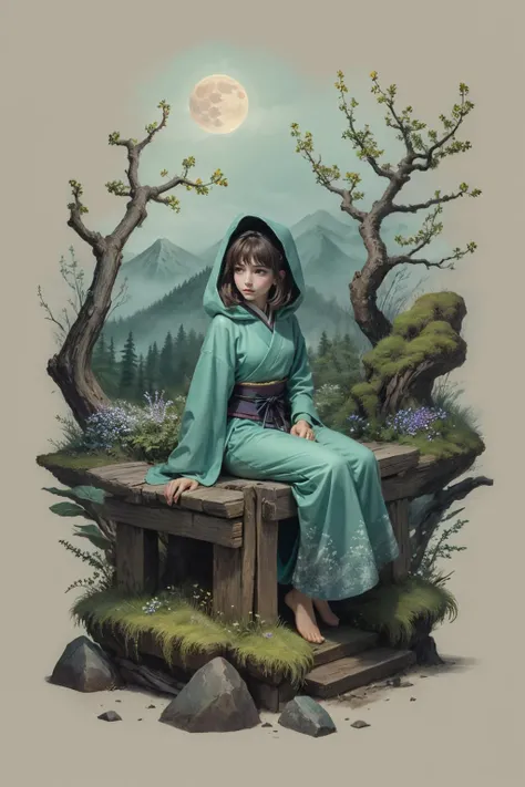 (masterpiece, best quality), <lora:add_detail_v5:1>, <lora:anime3d:0.75>, <lora:3DMM_V12:0.25>, 3DMM,
1 girl, adult (elven:0.7) woman, dark brown eyes, medium brown wedge cut hair,
focus on character portrait, solo, (full body:0.6), looking down, detailed background, detailed face, (feudal japan theme:1.1), serene expression, druid, wearing natural colored green flowing robes, hood, druid staff, sitting, restoration spell, spell, green mystical , natural magic, (style-swirlmagic:0.8), floating particles, leaves in the air, moss, branches, stone, violets, plants, bushes, moonlight, hills in background, natural peaceful atmosphere,