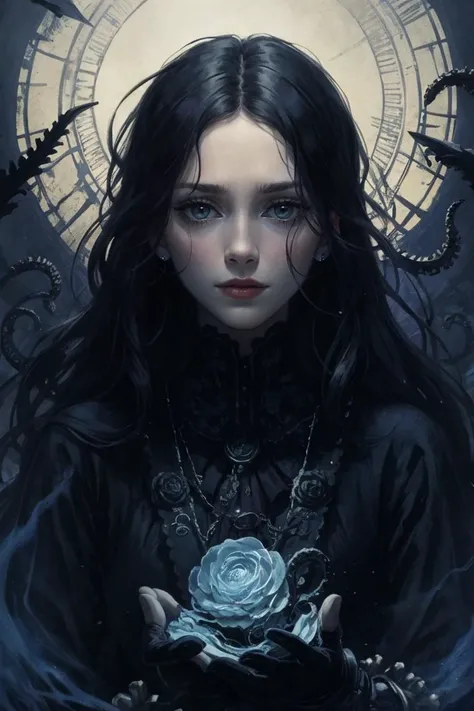 middle aged woman, (style-swirlmagic:0.8), solo, upper body, looking away, detailed background, detailed face, (victorian theme:1.1), false confidence, investigator of the unknown, tattered adventuring gear, gloves, dark color scheme, ancient apocalyptic prophecy,,psychological struggle, antique glyphs, shadowy tendrils in background, low light, early 20th century mysterious Lovecraftian atmosphere,