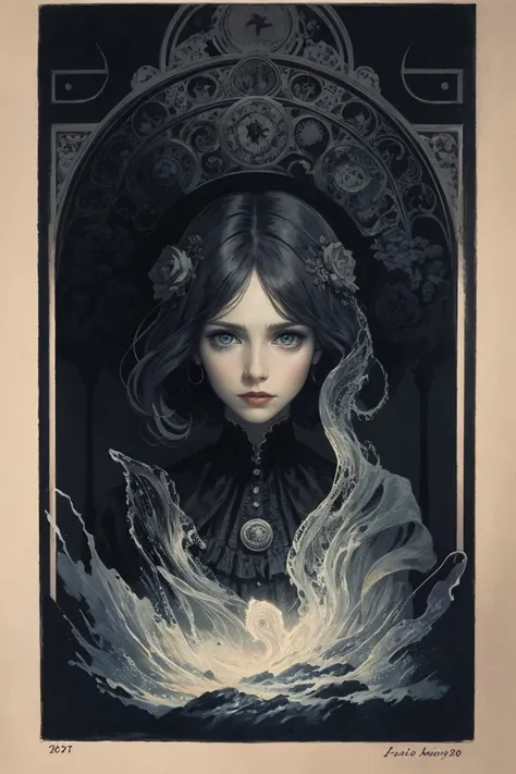 middle aged woman, (style-swirlmagic:0.8), solo, upper body, looking away, detailed background, detailed face, (victorian theme:1.1), false confidence, investigator of the unknown, tattered adventuring gear, gloves, dark color scheme, ancient apocalyptic prophecy,,psychological struggle, antique glyphs, shadowy tendrils in background, low light, early 20th century mysterious lovecraftian atmosphere,