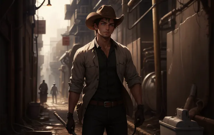 handsome boy, working in the sewers, cleaner clothes, worker, detailed eyes, cowboy shot, intricate details, wlop, anime style