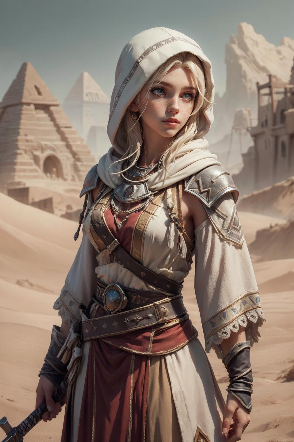 A woman in a white outfit holding a sword in front of a desert - SeaArt AI